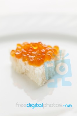 Little Sendwich With Caviar On Big Plate Stock Photo