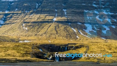 Little Waterfall With Huge Mountain In Iceland Stock Photo