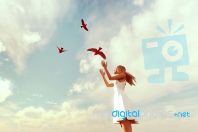 Live Your Freedom,girl Releasing Birds On To The Sky,3d Illustration Stock Image