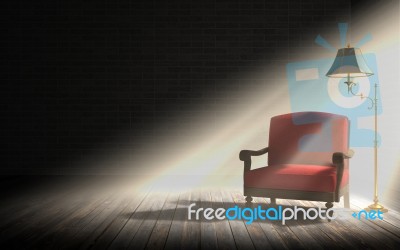 Living Room Interior, Red Armchair And Classic Floor Lamp In Dark Room With Sunlight Rays Stock Image