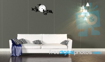 Living Room Interior With White Sofa And Dark Wall Stock Image