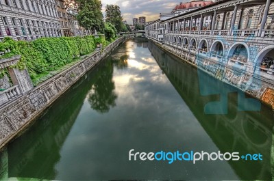 Ljubljana Slovenia Canal With Sky Reflection Stock Photo