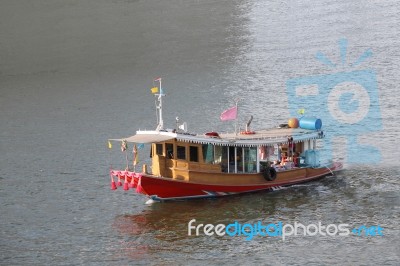 Local Villager Living Wooden Boat Float On Wide River Stock Photo