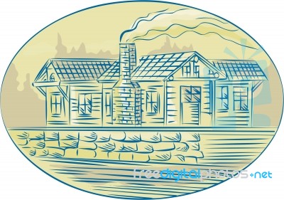 Log Cabin Resort Oval Etching Stock Image