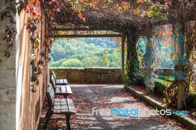 Loggia At The Restuarant Iin The Castle Gardens In Rothenburg Stock Photo