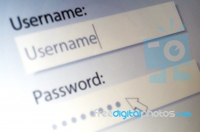 Login. Username And Password On Computer Screen. Defocus Concept… Stock Photo