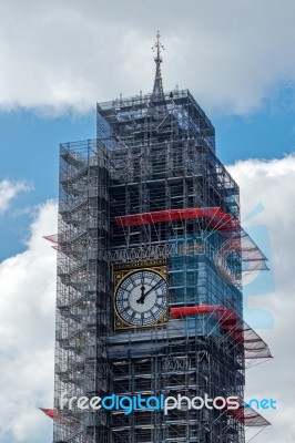 London/uk - March 21 : View Of Big Ben Covered In Scaffolding In… Stock Photo