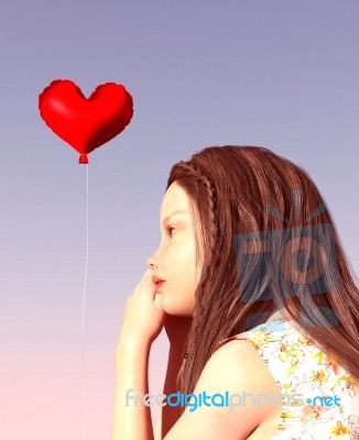 Lonely Girl Looking At Red Heart Balloon,3d Illustration Stock Image