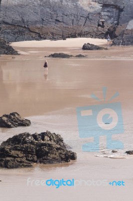 Lonely People Walk On Beach Stock Photo