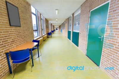 Long Empty Corridor In College School Building Stock Photo