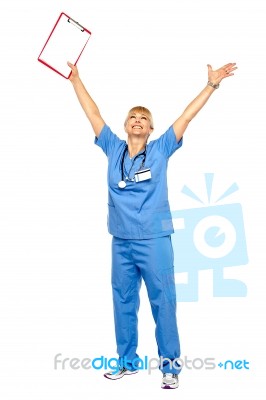 Long Shot Of A Jubilant Doctor Celebrating Her Success Stock Photo