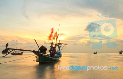 Long Tail Boat At Dusk.long Exposure Technique Stock Photo