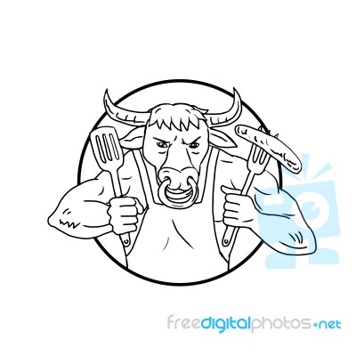 Longhorn Bull Holding Barbecue Sausage Drawing Black And White Stock Image