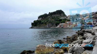 Look At The Town Of Parga And The Bay Stock Photo