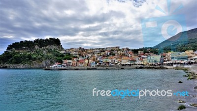 Look At The Town Of Parga, The Bay And The Fortress Stock Photo