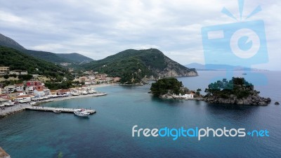 Look At The Town Of Parga, The Bay And The Island Of Panagia Stock Photo