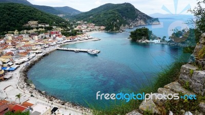 Look At The Town Of Parga, The Bay And The Island Of Panagia Stock Photo