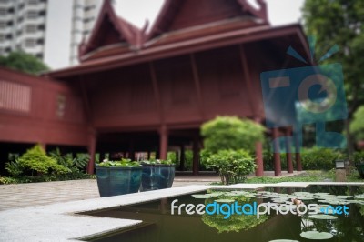 Lotus Pond In Front Of Traditional Garden Stock Photo