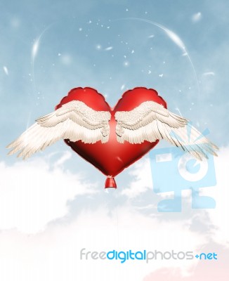 Love Can Fly,red Heart Balloons With Wings,3d Illustration Stock Image