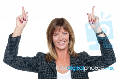 Lovely Corporate Woman With Raised Arms Stock Photo