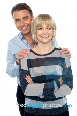 Lovely Young Couple Portrait Against White Background Stock Photo