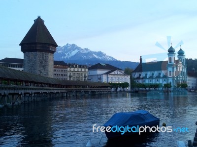 Lucern Lake And Castle On The Water Kapellebruck Stock Photo