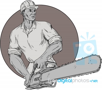 Lumberjack Arborist Holding Chainsaw Oval Drawing Stock Image