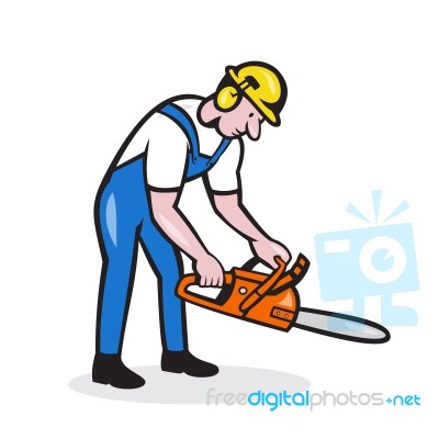 Lumberjack Arborist Operating Chainsaw Cartoon Stock Image