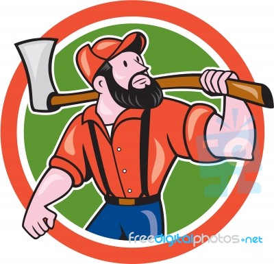 Lumberjack Holding Axe Circle Cartoon Stock Image