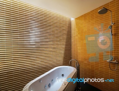 Luxury Bathroom With Skylight Stock Photo