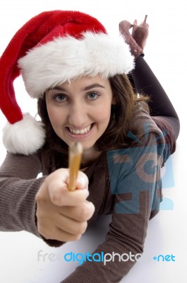 Lying Student Wearing Santa Hat Stock Photo