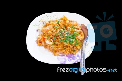 Macaroni Pasta In Tomato Sauce With Chicken, Thai Style Stock Photo