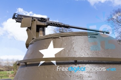 Machine Gun On Old American Tank With Blue Sky Stock Photo