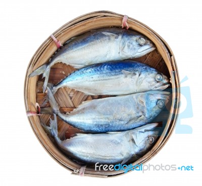 Mackerel Fish In Bamboo Basket Stock Photo