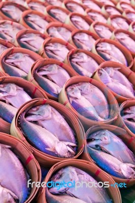 Mackerel Fish In Bamboo Baskets Stock Photo