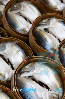 Mackerel Fish On Basket Stock Photo