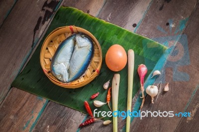 Mackerel On A Wooden Stock Photo