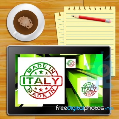 Made In Italy On Cubes Shows Italian Manufacture Tablet Stock Image