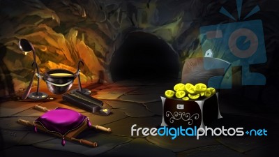 Magic Cave With Chest Full Of Gold Stock Photo