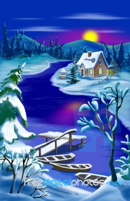 Magic River Landscape At Moon  Christmas Night Stock Image