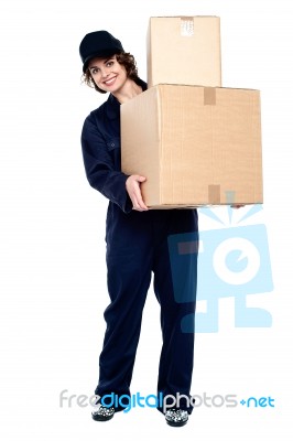 Mail Woman Delivering Parcel Stock Photo