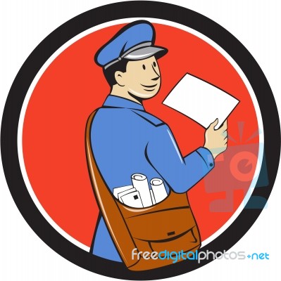 Mailman Deliver Letter Circle Cartoon Stock Image