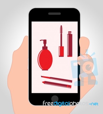 Makeup Online Means Mobile Phone And Cosmetics Stock Image