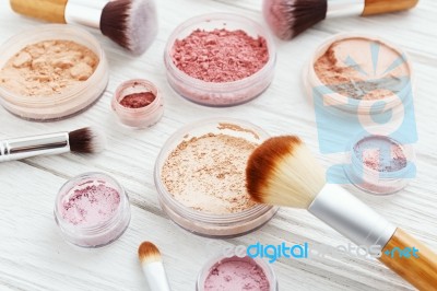 Makeup Powder On White Wood Stock Photo