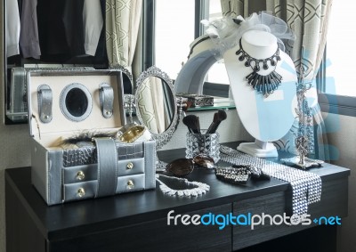 Makeup Set On A Black Table Stock Photo