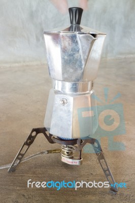 Making Coffee With An Italian Style Moka On Camping Gas Stove Stock Photo