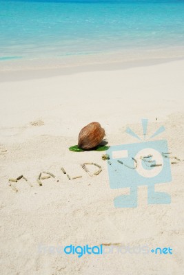 Maldives Written In A Sandy Tropical Beach And Coconut Fruit Stock Photo