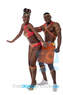 Male And Female Samba Dancers Posing Stock Photo