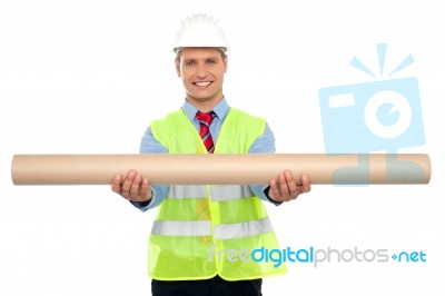 Male Architect Holding Blueprints Stock Photo