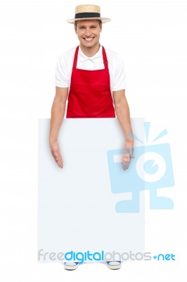 Male Chef Holding Blank Board Stock Photo